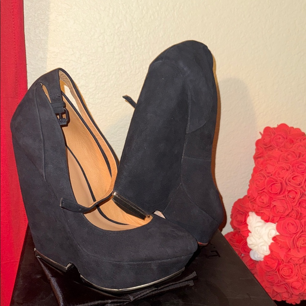 L.A.M.B. Black Suede Wedges